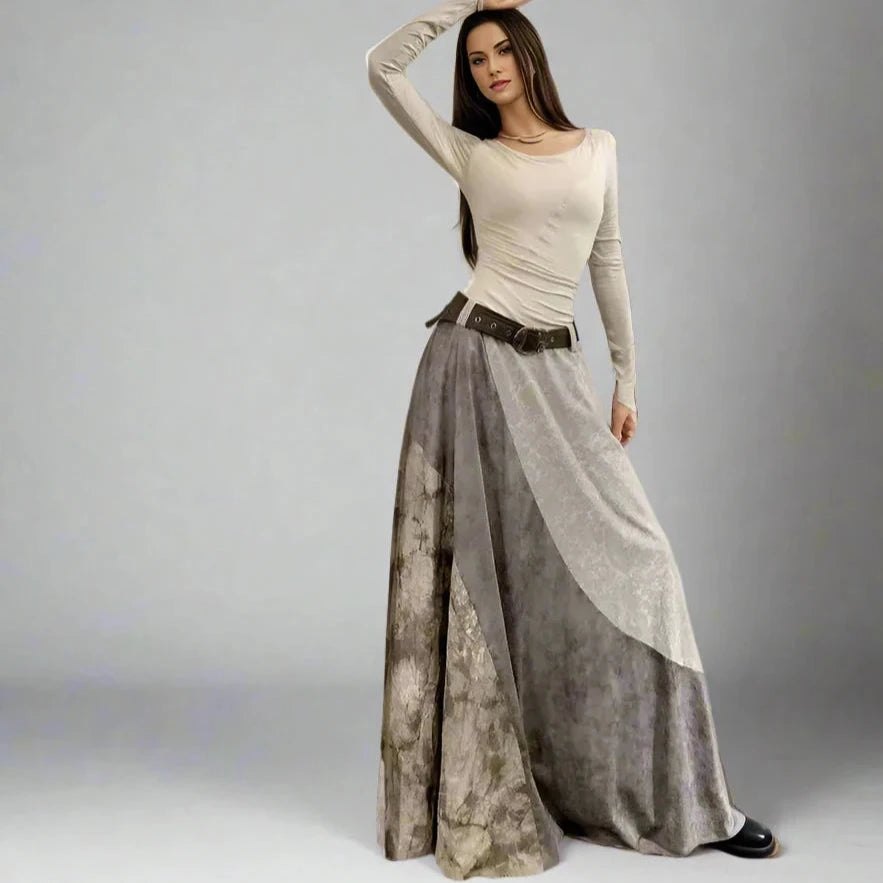 Vintage Patchwork Belted Maxi Dress - Soft Beige & Smoky Gray