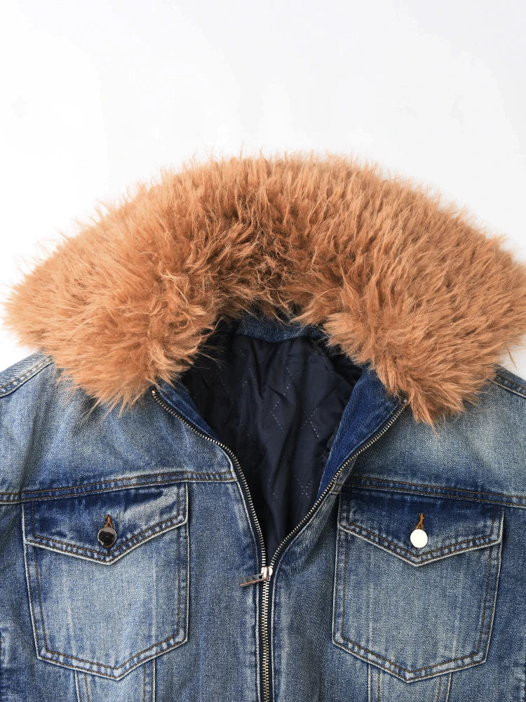 Denim Bomber Jacket with Faux Fur Collar-SimpleModerne