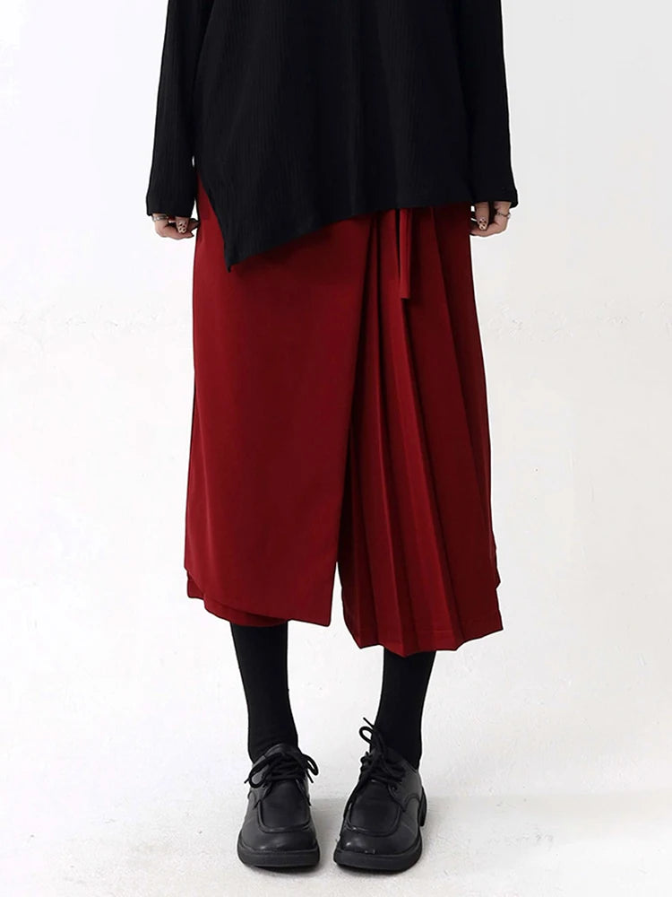 Asymmetrical Overlay Pleated Trousers – Red-SimpleModerne