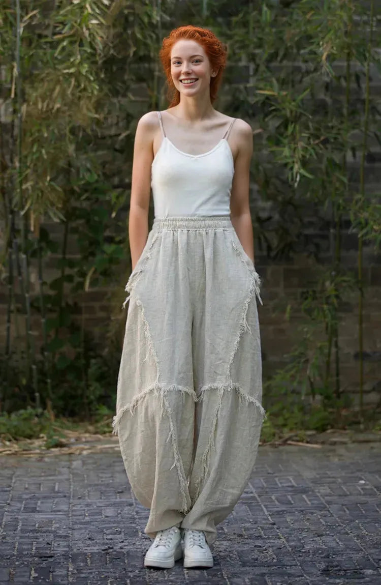 Vintage Linen Patchwork Harem Pants - Boho Chic Trousers-SimpleModerne