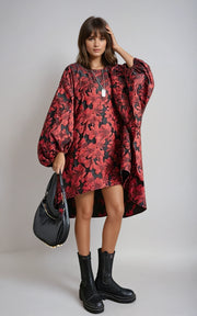 Red Floral Lantern Sleeve Asymmetrical Winter Dress – High-Low Pullover Style