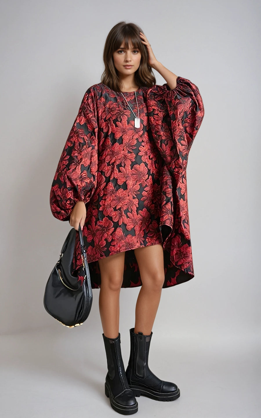 Red Floral Lantern Sleeve Asymmetrical Winter Dress – High-Low Pullover Style-SimpleModerne