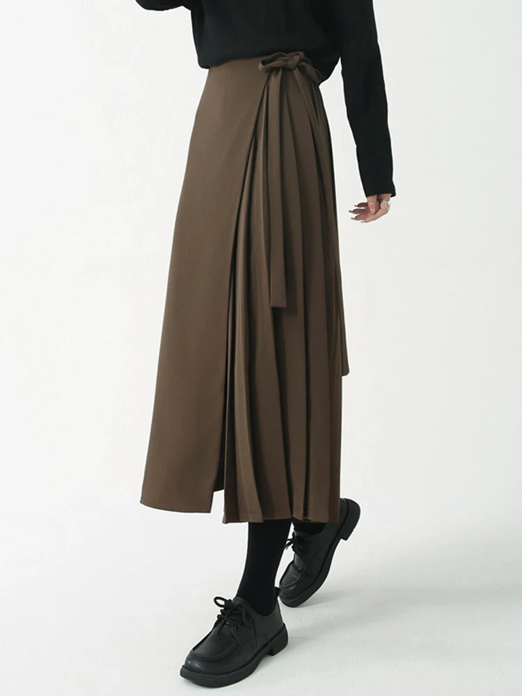 Asymmetrical Skirt-Pant Hybrid with Pleated Overlay - Coffee Brown-SimpleModerne