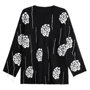 Knitted Pullover with Artistic Flower Pattern – Black & Cream Beige