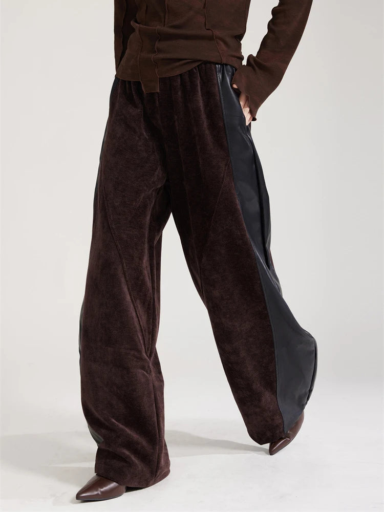 Vegan Leather Patchwork Relaxed Trousers - Coffee Brown & Black-SimpleModerne