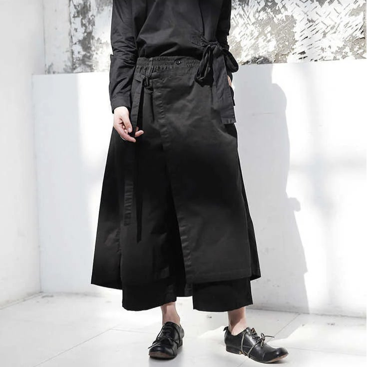 Heavy Cotton Layered Trousers with Wrap Skirt Overlay – Minimal Goth Utility Pants-SimpleModerne