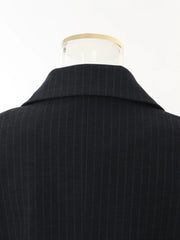 Asymmetrical Navy Blue Pinstripe Blazer with Contrast Panels-SimpleModerne