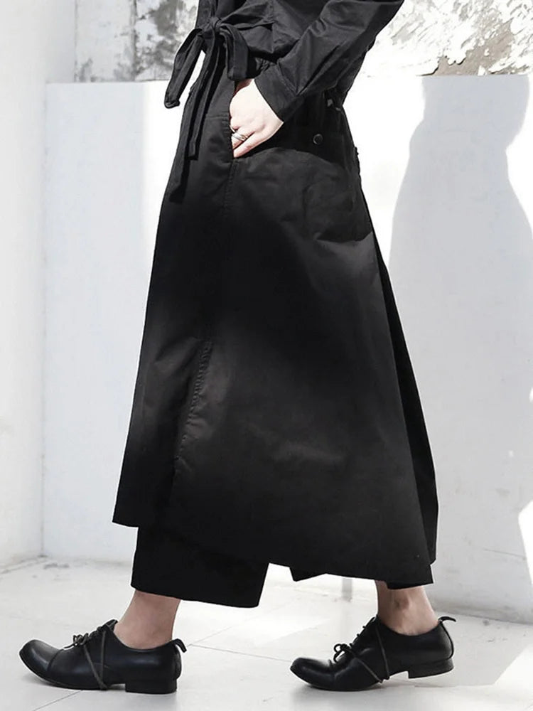 Heavy Cotton Layered Trousers with Wrap Skirt Overlay – Minimal Goth Utility Pants-SimpleModerne