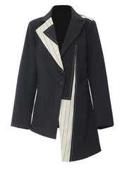 Asymmetrical Navy Blue Pinstripe Blazer with Contrast Panels-SimpleModerne