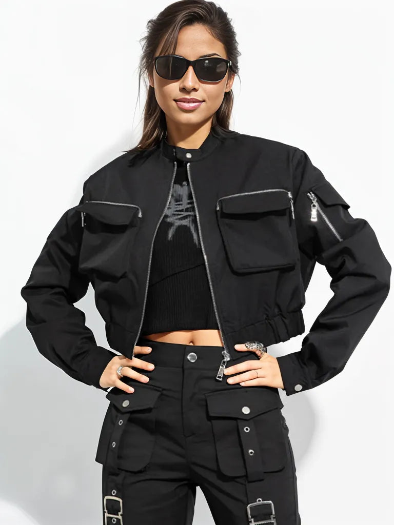 Casual Minimal Goth Cropped Bomber Jacket-SimpleModerne