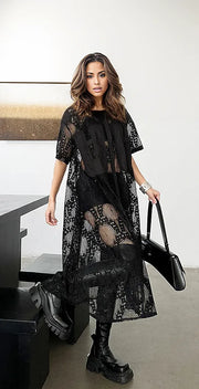 Gothic Style Black Lace See-Through Shirt Dress with Button Closure-SimpleModerne