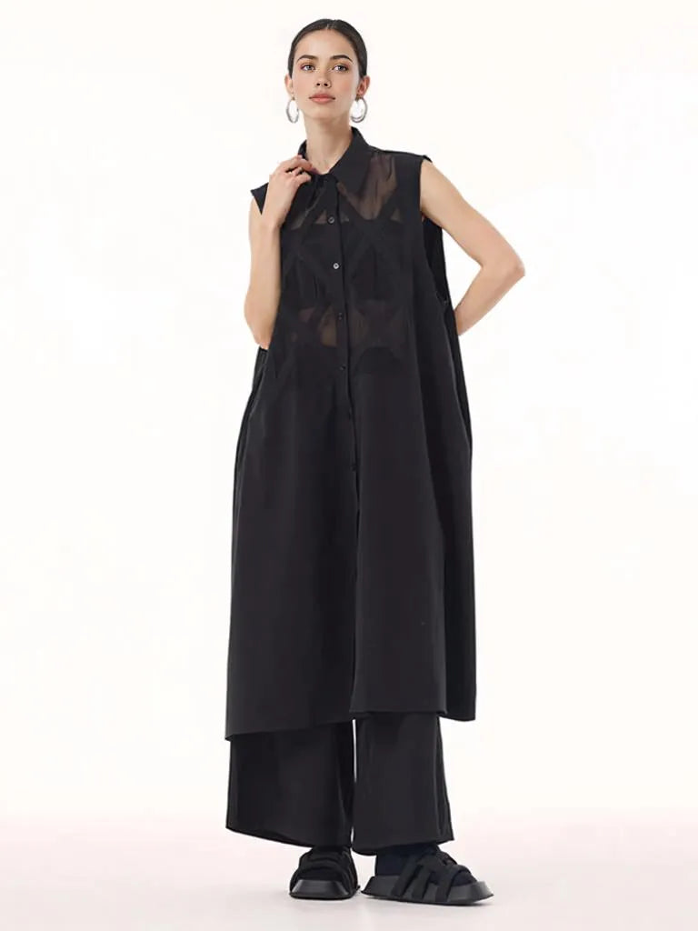 Edgy Sleeveless Shirt Dress with Chiffon Inserts and Button Closure-SimpleModerne