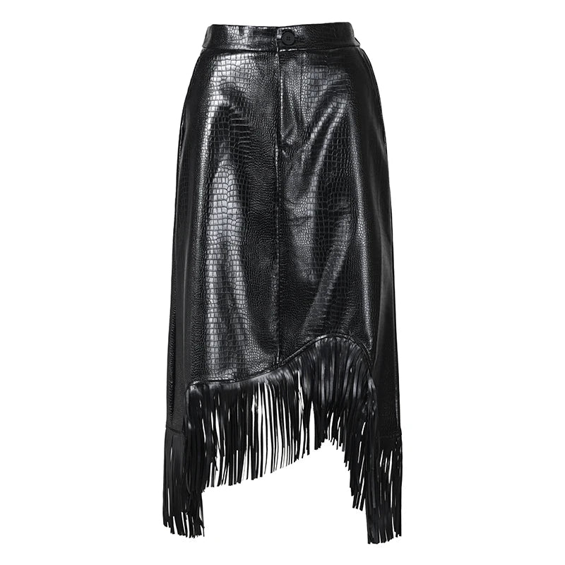 Vegan Leather Asymmetrical Skirt with Fringe Details-SimpleModerne