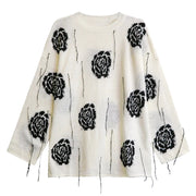 Knitted Pullover with Artistic Flower Pattern – Black & Cream Beige