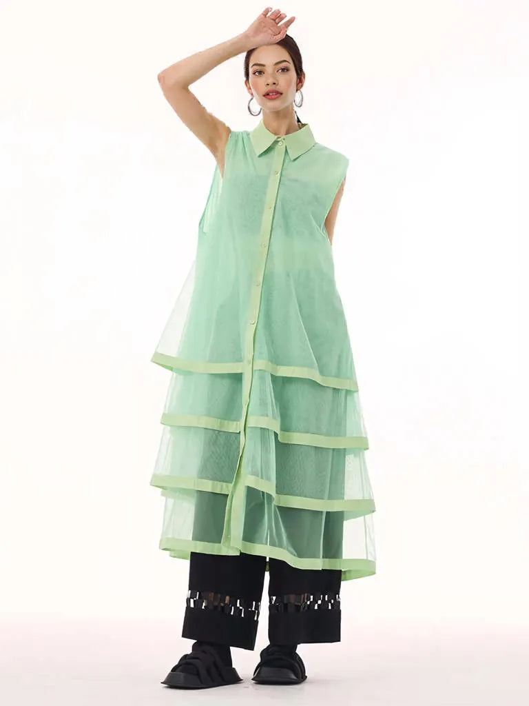 Layered Mesh Sleeveless Shirt-Dress – Available in White, Mint Green, and Black-SimpleModerne