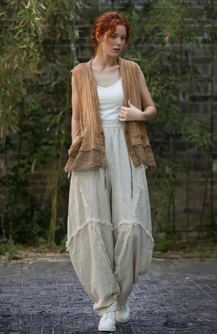 Vintage Linen Patchwork Harem Pants - Boho Chic Trousers-SimpleModerne