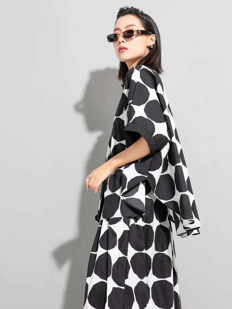 Chic Polka Dot Maxi Shirt-Blouse - Oversized Comfort & Style-SimpleModerne