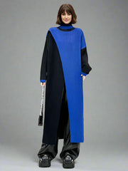 Color Block Maxi Knitted Pullover with Overlay Split – Black & Blue-SimpleModerne