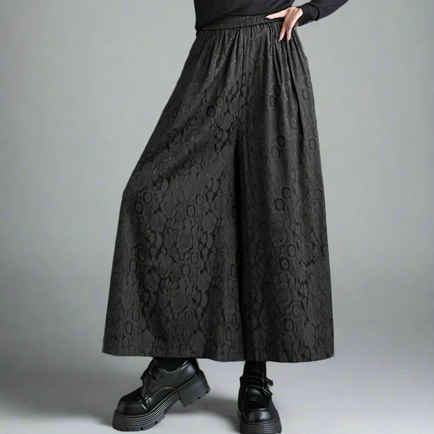 lack Jacquard Wide-Leg Ankle-Length Pants with Elastic Waist - Gothic Floral Pattern-SimpleModerne