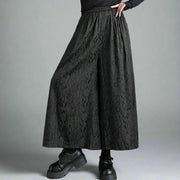 lack Jacquard Wide-Leg Ankle-Length Pants with Elastic Waist - Gothic Floral Pattern-SimpleModerne