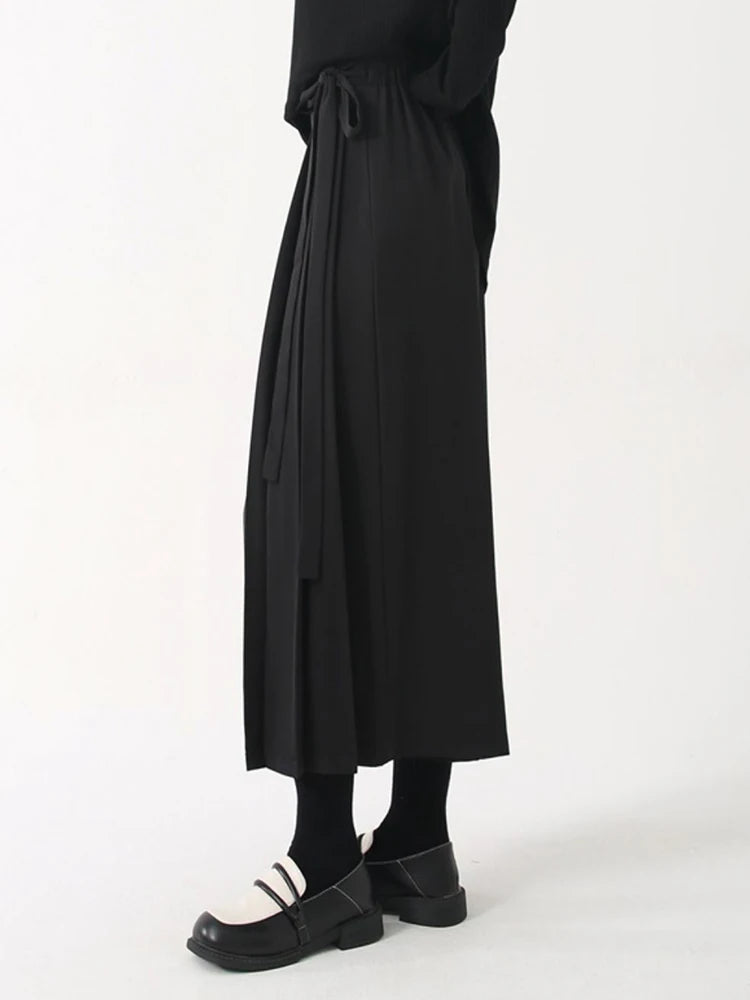 Black Skirt-Pant Hybrid with Pleated Overlay – Edgy and Unique Design for Modern Styles-SimpleModerne