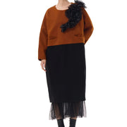 Black Brown Colo-block Ruffles Pullover Dress-SimpleModerne