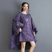 Purple Floral Lantern Sleeve Asymmetrical Dress - Elegant Winter-Ready Design