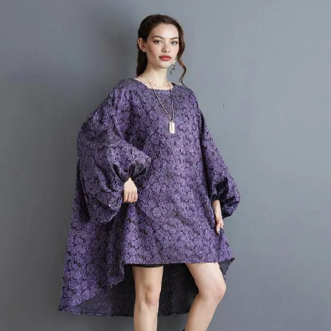 Purple Floral Lantern Sleeve Asymmetrical Dress - Elegant Winter-Ready Design-SimpleModerne