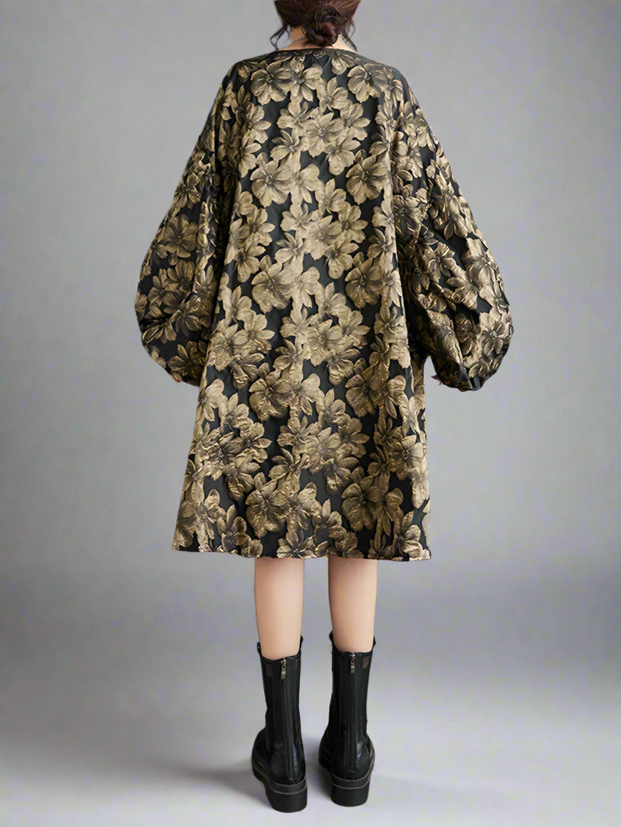 Baroque Floral Brocade Mini Dress with Dramatic Puffed Sleeves-SimpleModerne