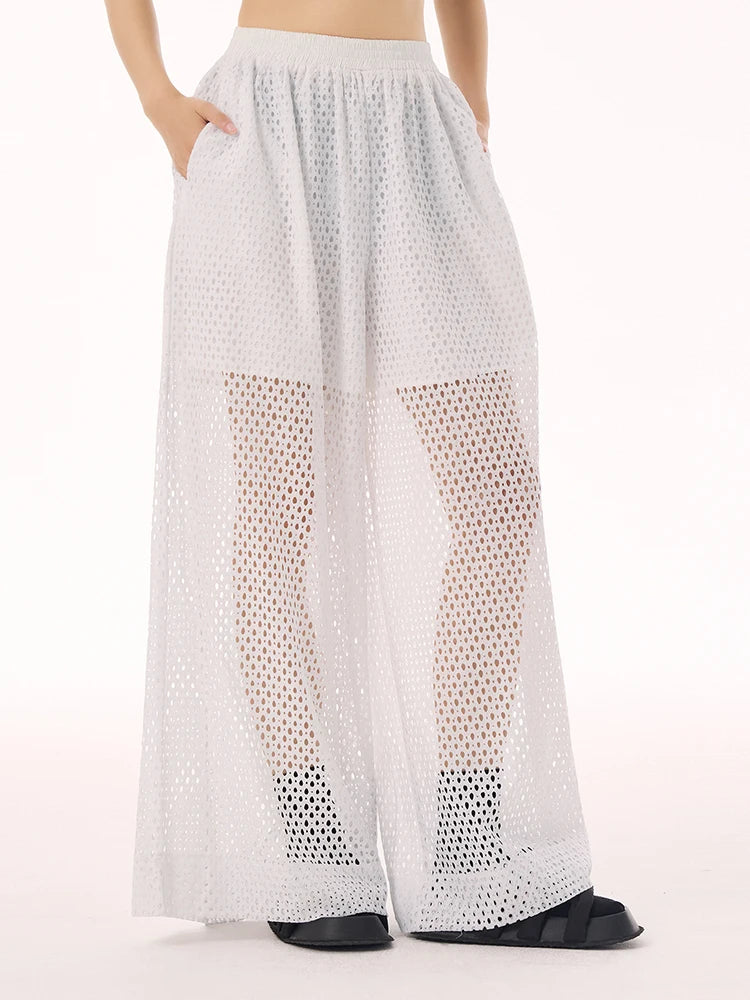 White Sheer Mesh Wide-Leg Trousers-SimpleModerne