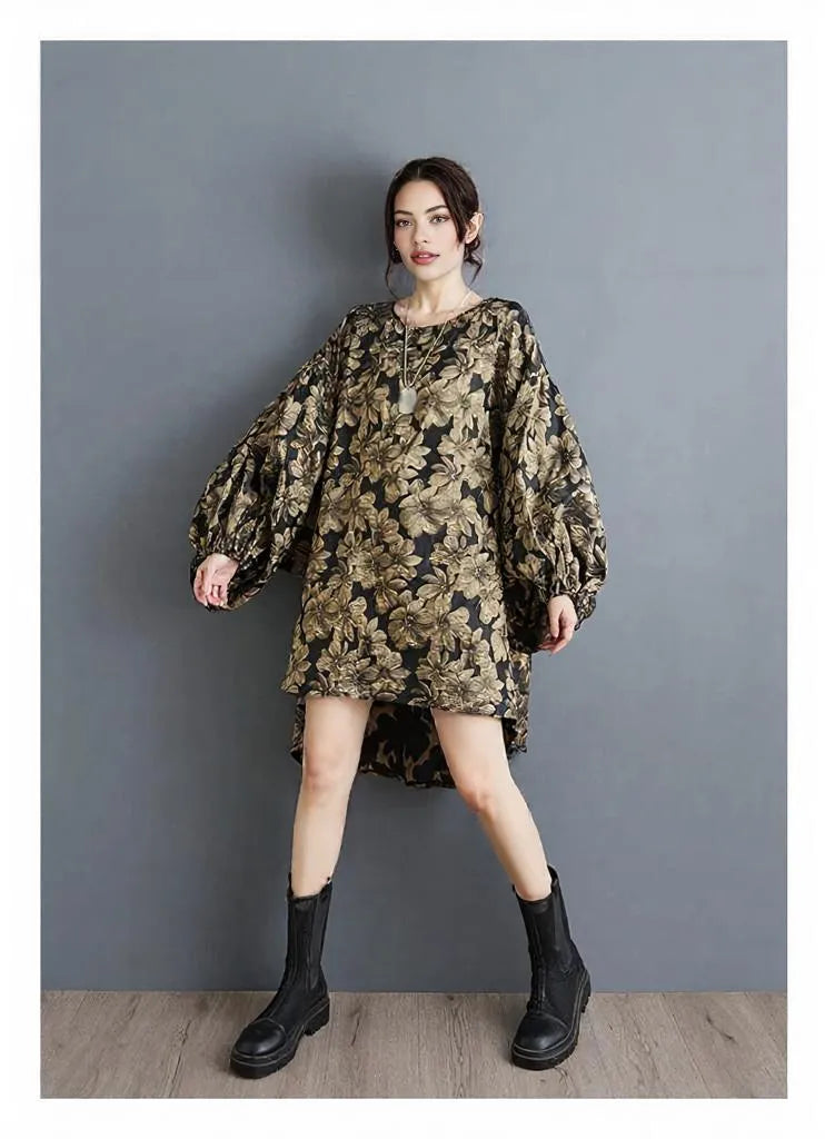 Baroque Floral Brocade Mini Dress with Dramatic Puffed Sleeves-SimpleModerne