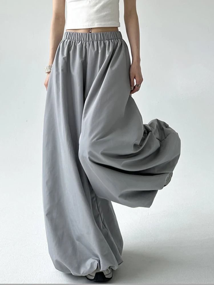 Edgy Wide-Leg Puffed Trousers with Elastic Waist - Punk-Inspired Statement Pants-SimpleModerne