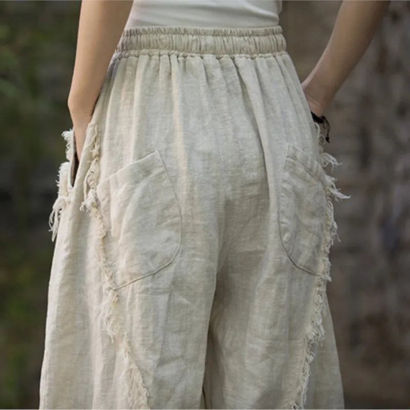 Vintage Linen Patchwork Harem Pants - Boho Chic Trousers-SimpleModerne