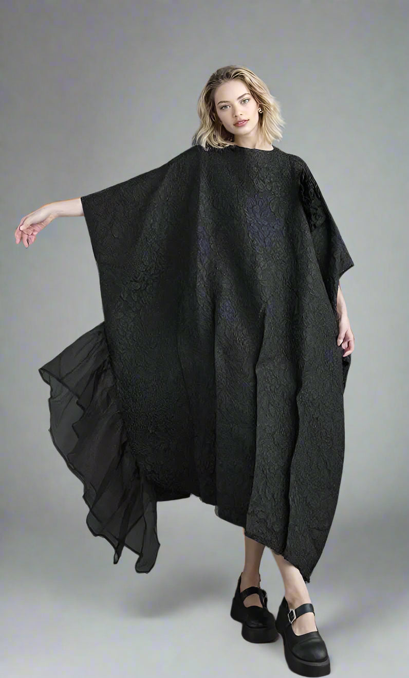 Urban Oversized Black Maxi Dress with Tulle Insert and 3D Textured Fabric-SimpleModerne