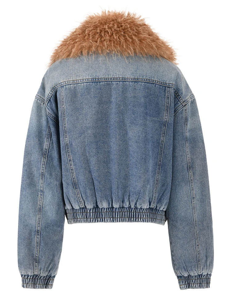 Denim Bomber Jacket with Faux Fur Collar-SimpleModerne