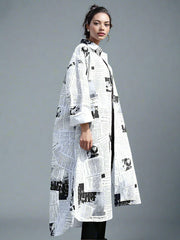 Newspaper Print Maxi Shirt Dress - Button-Up Oversized Longline Blouse with Collar-SimpleModerne