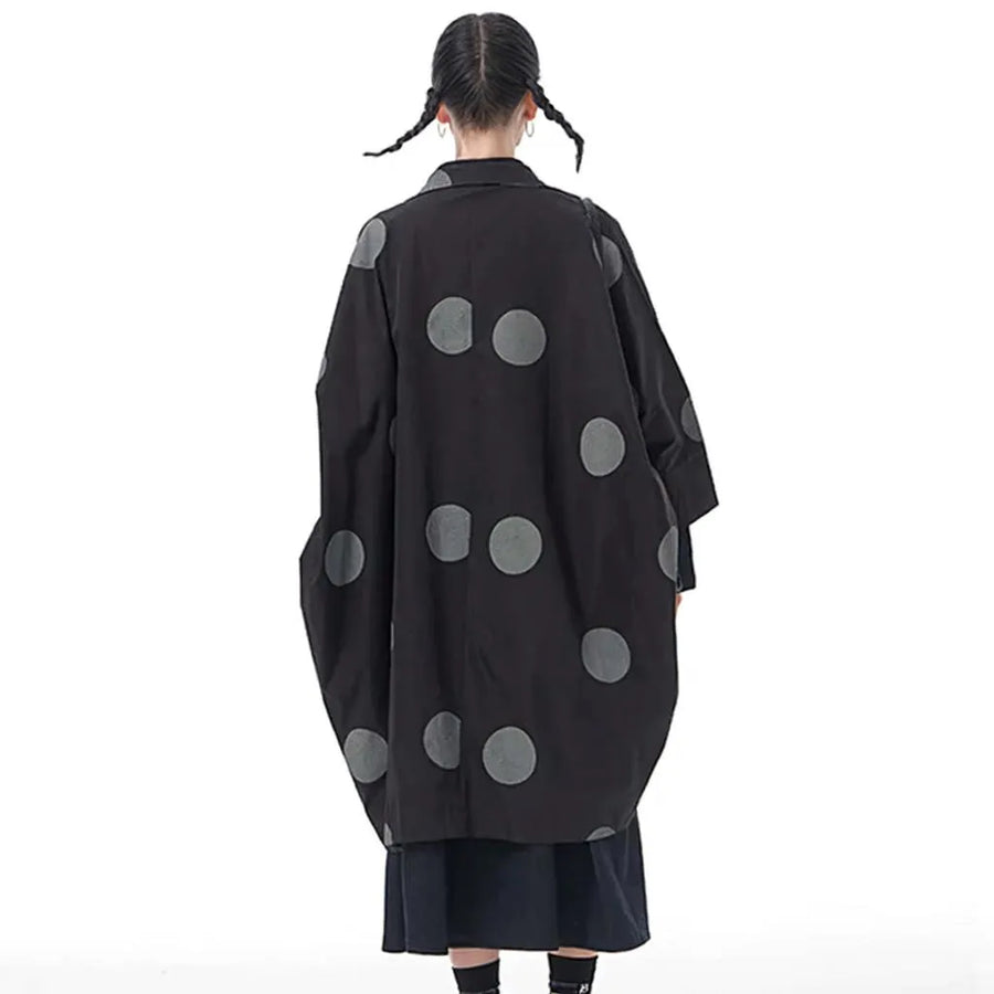 Oversized Cocoon Polka Dot Jacket with Bracelet-Length Sleeves and Tapered Hemline-SimpleModerne