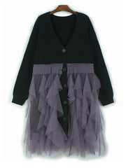 Oversized Black Cardigan with Purple Lace Overlay – Gothic Tulle Design