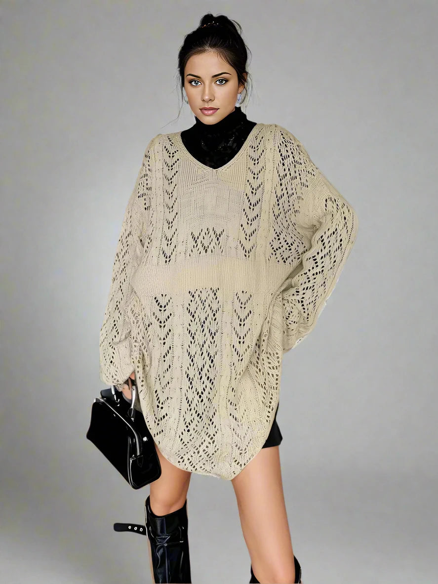 Loose-Fitting V-Neck Sweater - Casual Knit with Full Sleeves-SimpleModerne