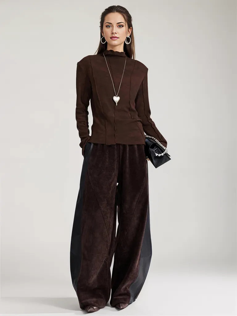 Vegan Leather Patchwork Relaxed Trousers - Coffee Brown & Black-SimpleModerne