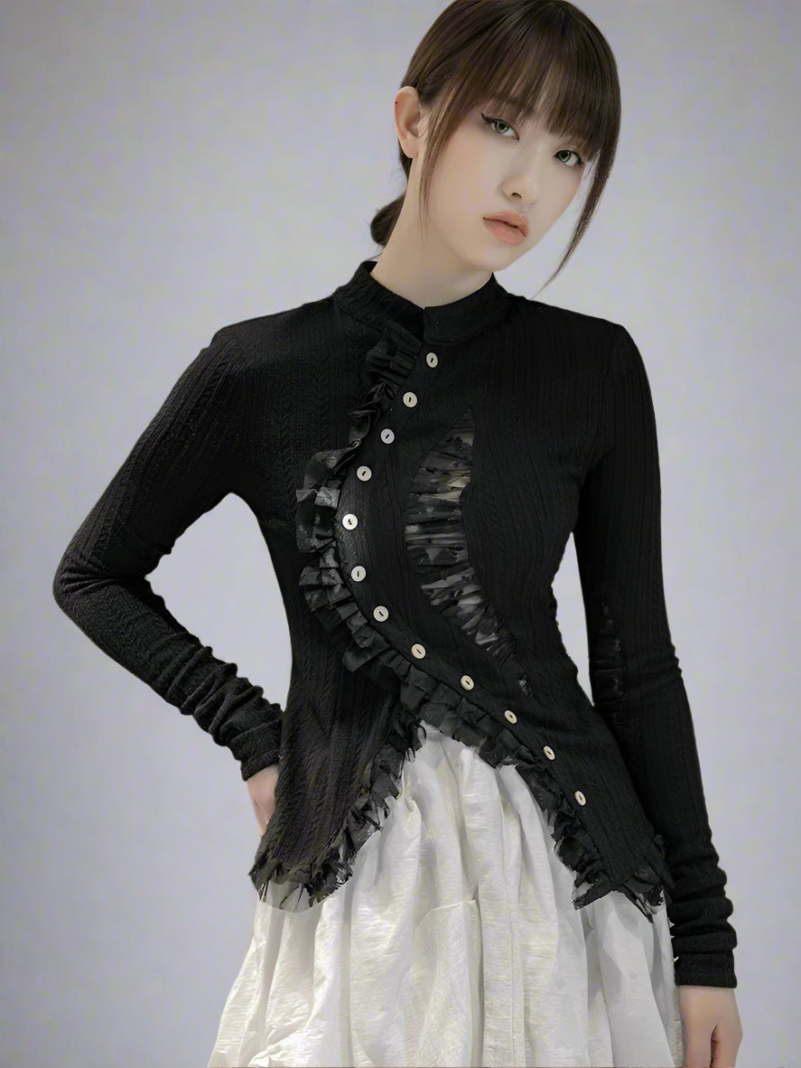 Gothic Irregular Lace-Inset Cardigan – Button Closure, Dark Romantic Style-SimpleModerne