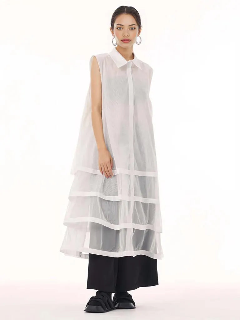 Layered Mesh Sleeveless Shirt-Dress – Available in White, Mint Green, and Black-SimpleModerne