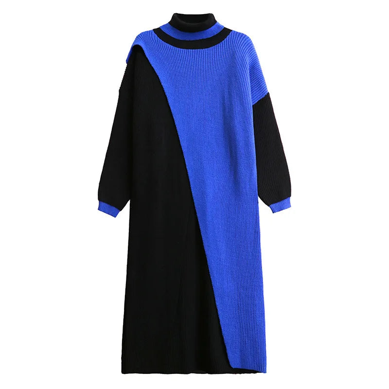 Color Block Maxi Knitted Pullover with Overlay Split – Black & Blue-SimpleModerne