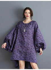 Purple Floral Lantern Sleeve Asymmetrical Dress - Elegant Winter-Ready Design