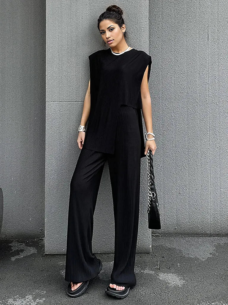 Black Pleated Two-Piece Set: Asymmetrical Top and Wide-Leg Pants-SimpleModerne