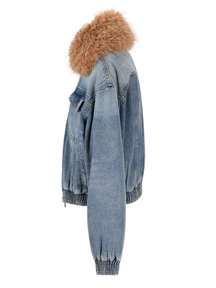 Denim Bomber Jacket with Faux Fur Collar-SimpleModerne