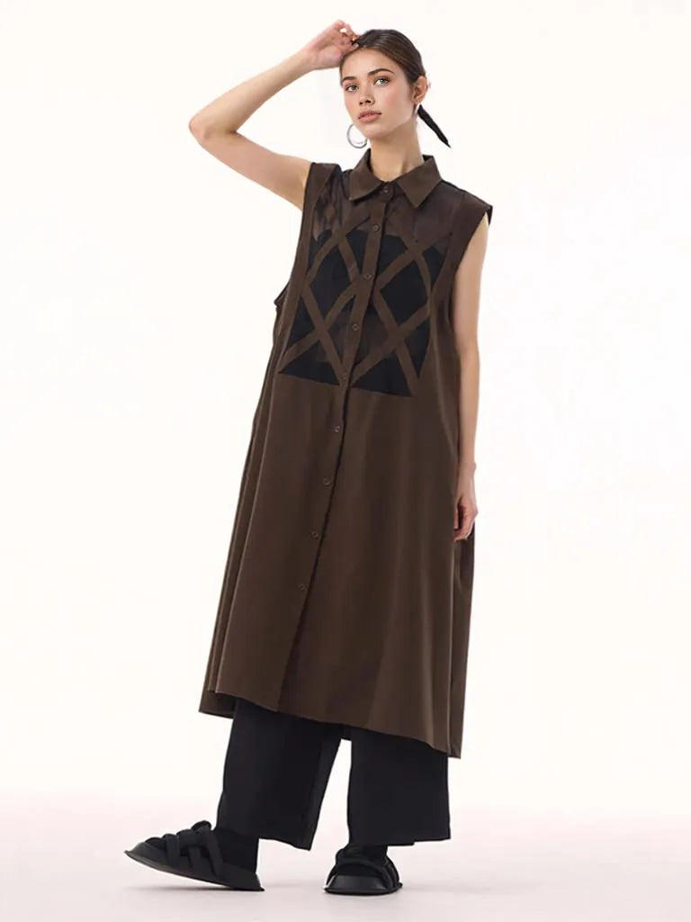 Edgy Sleeveless Shirt Dress with Chiffon Inserts and Button Closure-SimpleModerne