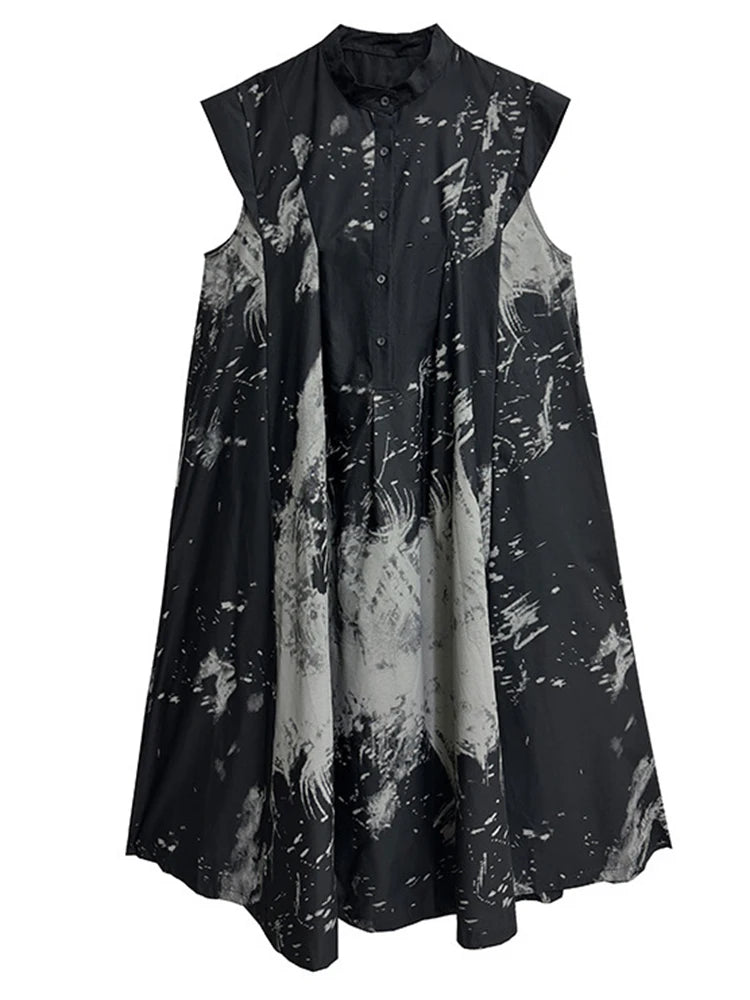 Gothic Sleeveless Tie-Dye Print Dress with Mandarin Collar-SimpleModerne