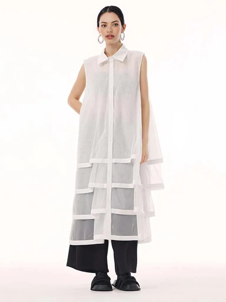 Layered Mesh Sleeveless Shirt-Dress – Available in White, Mint Green, and Black-SimpleModerne