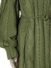 Olive Green Knitted Turtleneck Dress with Belt and Puffed Sleeves